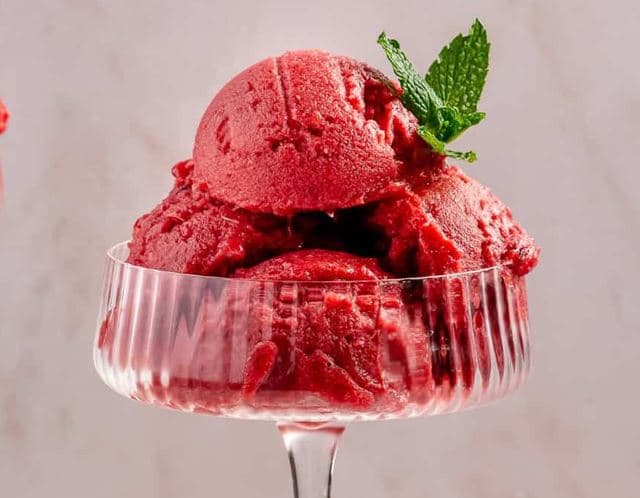 Refreshing raspberry sorbet dessert at Cibao Grille in Naples, Florida, a vibrant and elegant sweet treat for a fine dining experience